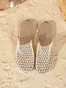 Women's Rope Strap Open Toe Sandals, Women's Flat Sandals. Mesh & Woven Breathable Women's Slippers, Solid Color Vacation Fabric Net Patchwork Beach Party Indoor/Outdoor, Spring/Summer - Apricot - View 6