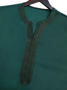 Men's Eid Embroidered Robe, Moroccan Solid Color Arabic Kaftan - Dark Green - View 4