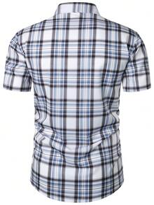 Men's Button-Down Short Sleeve Plaid Shirt, Casual Holiday Checked Short Sleeve Shirt - Blue - View 2