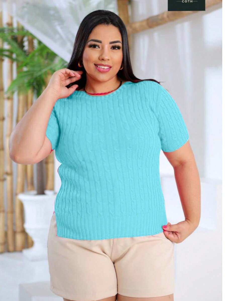 Women's Plus Size Ribbed Knit Blouse Short Sleeve - Water Green - View 1
