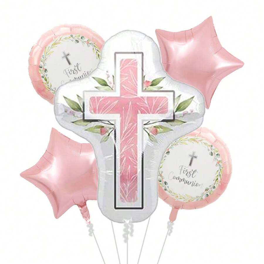 5 balões de folha em forma de cruz, adequados para batizado, decoração religiosa e suprimentos para festas temáticas