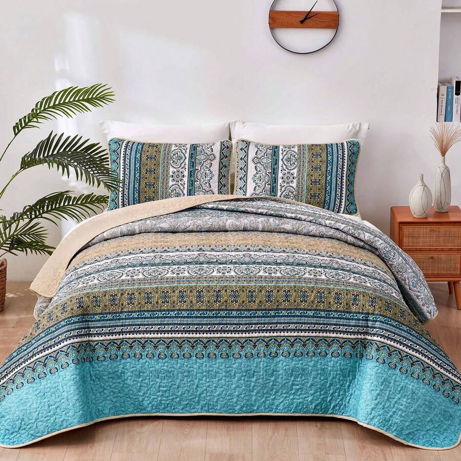 3 Pieces Boho Quilt Sets Queen King Size,Purple Bohemian Quilt Coverlet Soft Microfiber Lightweight Bedspread With 2 Pillowcases For Wedding Items,Valentines Day Home Bed Room Decor,Easter Gifts,Mothers Day Gift,All Season - Brown Blue - 查看 1