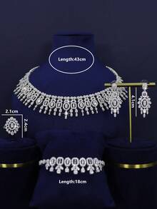 5pcs White Gold Plated Luxury Royal Style Crown Design Bridal Jewelry Set, Hand-Set 3D Cubic Zirconia, Including Necklace, Bracelet, Earrings, Ring, Suitable For Daily Wedding Wear, Wedding Anniversary Gift (Premium Gift Box Included) - Platinum Plated - View 2