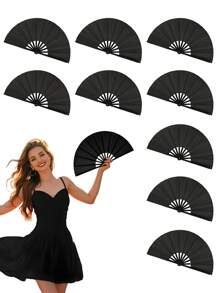 Juego de 3/2/1 abanico manual plegable grande, abanico de fiesta de tela premium, abanico manual plegable de tela de nailon negro, abanico manual plegable artesanal para uso en eventos, decoración de enfriamiento, club, baile, hogar, accesorio, regalo para entusiastas de la danza de damas y caballeros