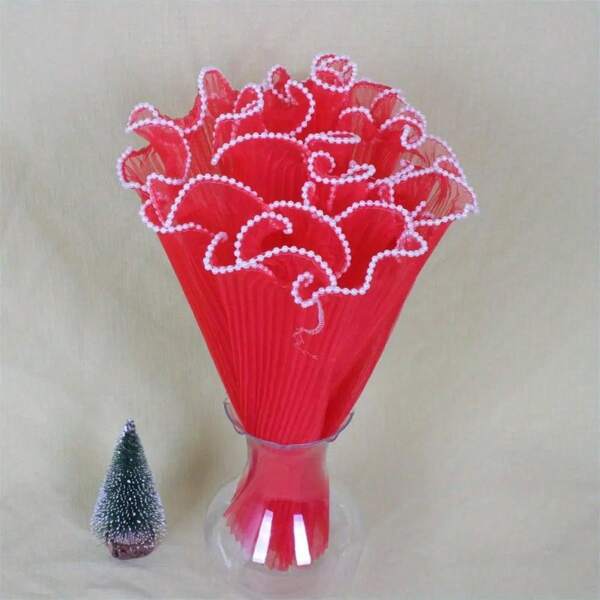 2pcs/Set Pearl Edged Wavy Pattern Tulle Yarn Set - Deep Pink, Purple, Blue, Green, Red - Suitable For Bouquets, Roses, Gifts And Floral Decorations