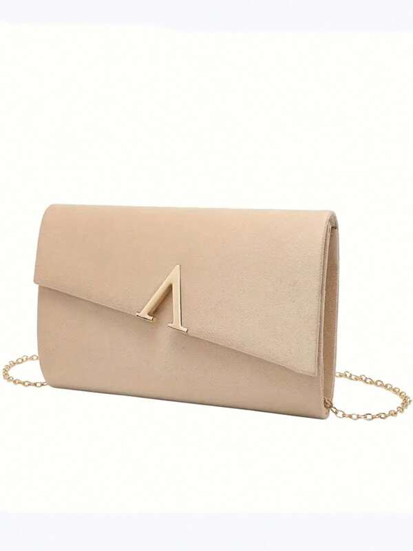 Women's Elegant Wallet, Apricot Velvet Envelope Clutch With Gold Chain Strap - Distinctive V-Shape Design, Magnetic Closure, Polyester Lining | Ideal Handbag For Evenings And Weddings