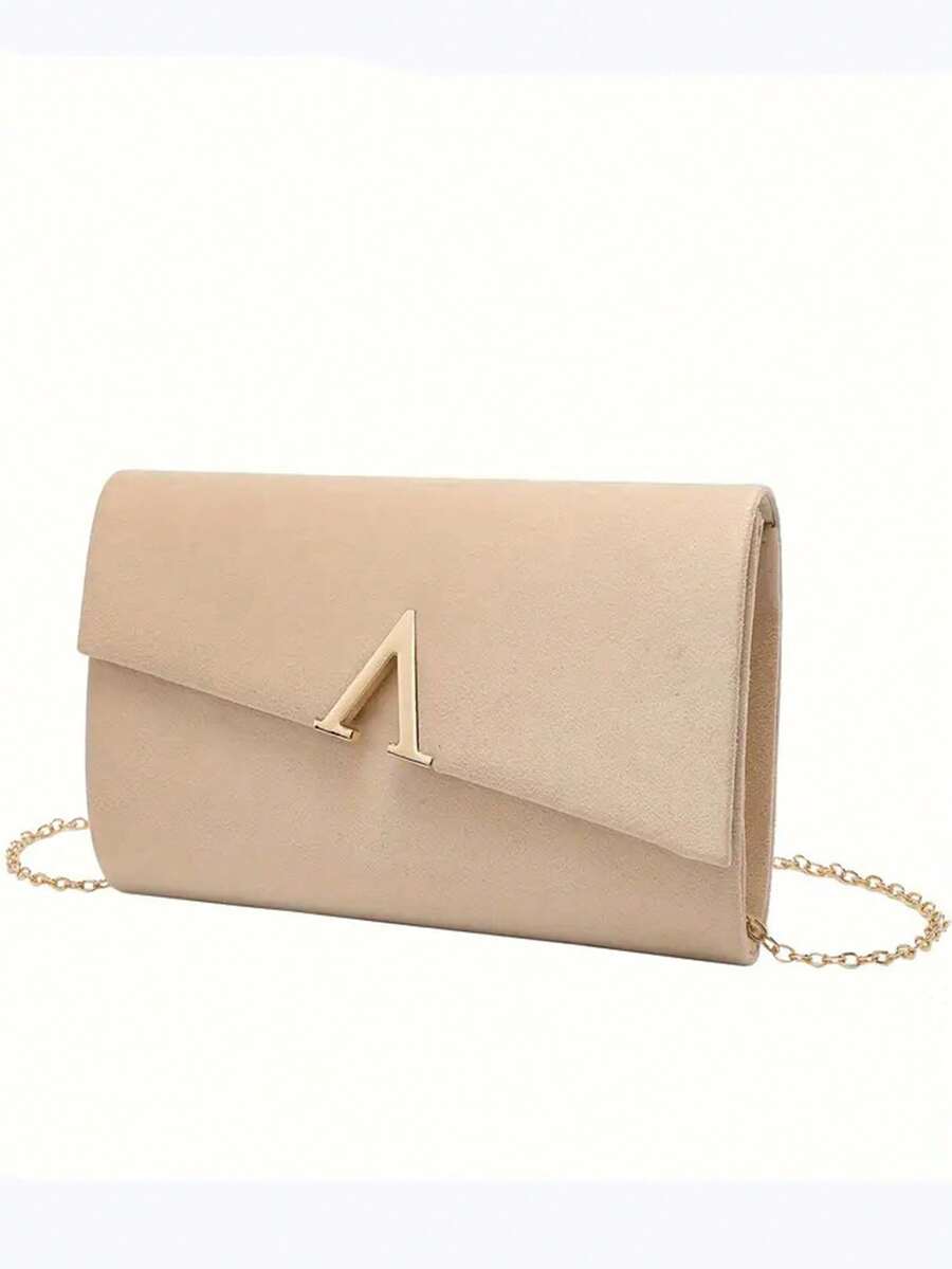 女士优雅钱包，杏色天鹅绒信封手拿包，配金色链条肩带 - 独特的 V 形设计，磁性闭合，涤纶衬里 | 适合晚会和婚礼的理想手提包