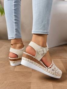 Nowe letnie lniane sandały na koturnie damskie, platforma, tkane, sznurowane rzymskie sandały z regulowanym paskiem ze sprzączką