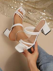 女士 PU 皮革系带凉鞋，新款夏季粗跟韩版时尚户外拖鞋，黑色 - 白色 - 查看 2