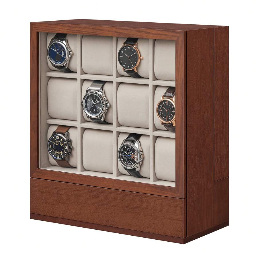 SONGMICS Caja para Relojes con 12 Ranuras, Expositor con Ventana, Chapa de Madera Maciza, Forro de Terciopelo, Marrón Café MJOW014K01