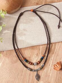 1pc Boho Vintage Leaf Pendant Multilayer Necklace, PU Leather Material, Suitable For Women Everyday Wear