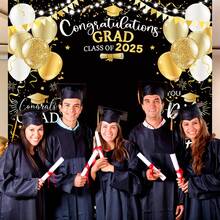 Felicitaciones Fondo de graduado Clase de 2025 Decoraciones para la fiesta de graduación Antecedentes Negro Oro Felicitaciones Grad Decoración Pancarta