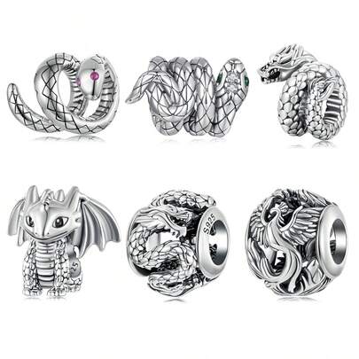 WOSTU 1 PC Solid 925 Sterling Silver Cute Snake Charm Phoenix Flying Dragon Charm Bead Pendant Fit Original Bracelet DIY Jewelry Accessories