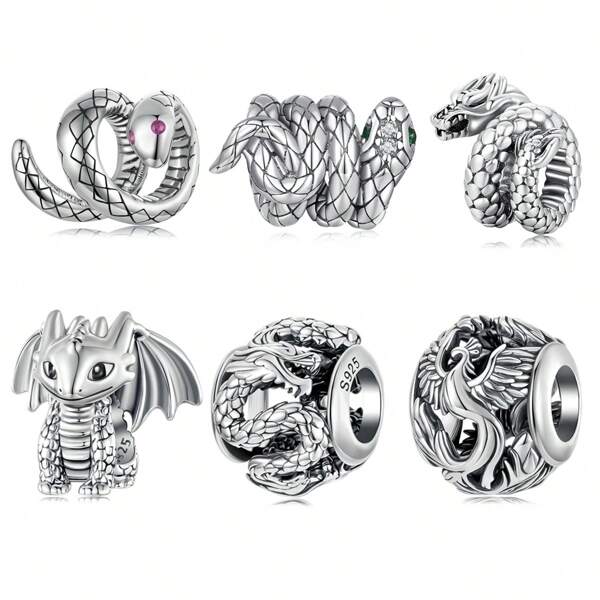 WOSTU 1 pieza Charm de serpiente sólida de plata de ley 925 Charm del dragón volador Phoenix Colgante de cuenta apta para pulsera original DIY Accesorios de joyería