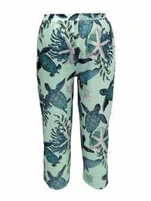 Plus Women's Elastic Waist Printed Straight Leg Pants With Pockets - Light Green - View 2