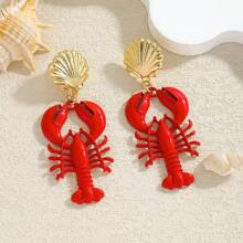 1Pair Bohemian Style Red Enamel Lobsters Shell Women Eardrop ,Vintage Ocean Series Women Dangle Earrings,Suitable For Daily Beach Vacation Parties Wear