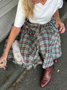 Women's Y2K Plaid Midi Skirts Low Waist Tie Up Half Skirt Skirt Vintage Summer Layered Skirt A Line Skirts Aesthetic Outfit Streetwear