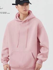 Plain Basic Kangaroo Blouse Sweatshirt With Hood And Pockets - Hồng - Xem 1