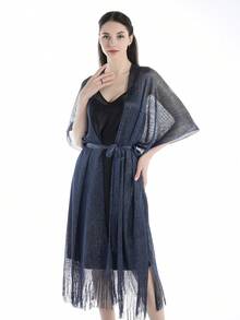 1pc Women Solid Color With Silver Thread Mesh Long Tassel Cover-Up Shawl Scarf, Suitable For Beach Party Outerwear - Multicolor - View 9