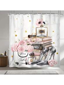 1/4 Pcs Book High Heel Floral Shower Curtain Set, Fashionable Pattern Decorative Shower Curtain, Washable Polyester Shower Curtain Set With 12 Hooks, Non-Slip Bathroom Rug, U-Shaped Toilet Lid, Polyester Shower Curtain Bathroom Decor