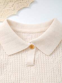 Baby Boys Spring/Summer 2pcs Knit Breathable Rib Collar Solid Diamond Grid Pattern Short Sleeve Top + Shorts Set - Apricot - View 2