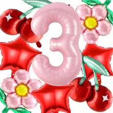 Set de 9 globos de lámina con flores de cerezo y flores rosas surtidas, que incluye números rosas del 1 al 6 de 32", una estrella roja y decoraciones de flores rosas, adecuado para cumpleaños, aniversarios y celebraciones estacionales