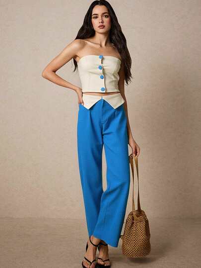 Conjunto set mujer dama chaleco strapless sin tirantes pantalon fresco ligero moderno verano casual formal comodo lino