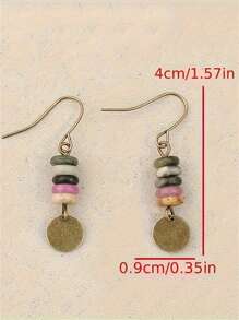 1 Par de Brincos Vintage Redondos Feitos à Mão com Placa de Metal Enferrujada e Contas, Brincos Retrô Criativos de Mulher com Miçangas de Pedra Mini