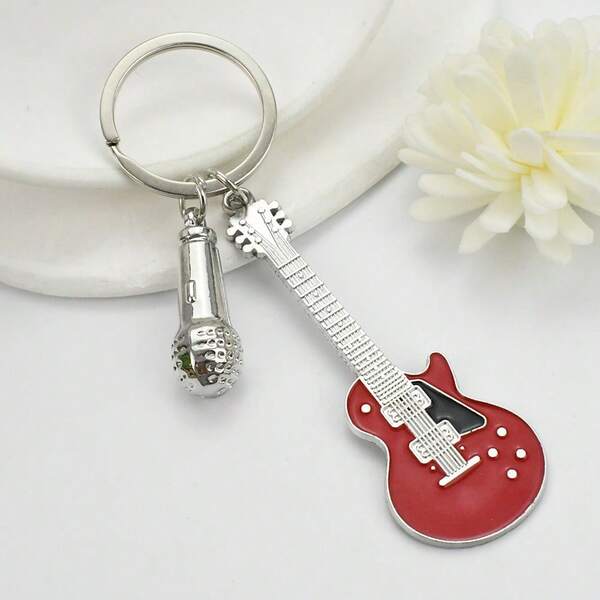 1pc Guitar & Microphone Keychain, Minimalist Fashion Music Instrument Shaped Keyring, Casual Accessory For Bag, Phone, Car Keys, Great Gift Idea School Car Accessories Cute Goth Y2k Bag Accessories Lanyards With Id Holder Car Accessories Bag Charms