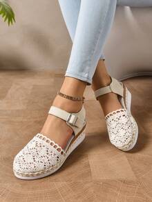 Nowe letnie lniane sandały na koturnie damskie, platforma, tkane, sznurowane rzymskie sandały z regulowanym paskiem ze sprzączką