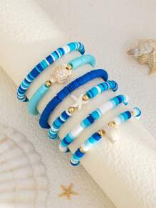Conjunto de 6 peças/conjunto de pulseiras ajustáveis coloridas com contas, estilo oceano criativo, decoração de estrelas do mar e conchas, para mulheres que podem usar empilhadas