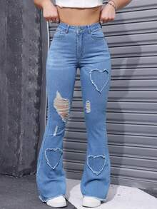 Women's High Waisted Elastic Perforated Patch Fabric Heart-Shaped Flared Jeans, Comfortable Fit, Suitable For Daily Wear - Màu xanh lam - Xem 1