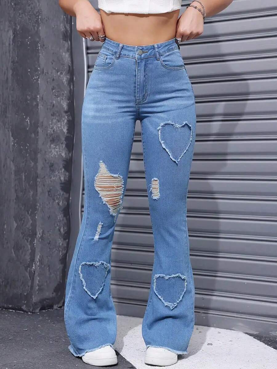 Women's High Waisted Elastic Perforated Patch Fabric Heart-Shaped Flared Jeans, Comfortable Fit, Suitable For Daily Wear - Màu xanh lam - Xem 1