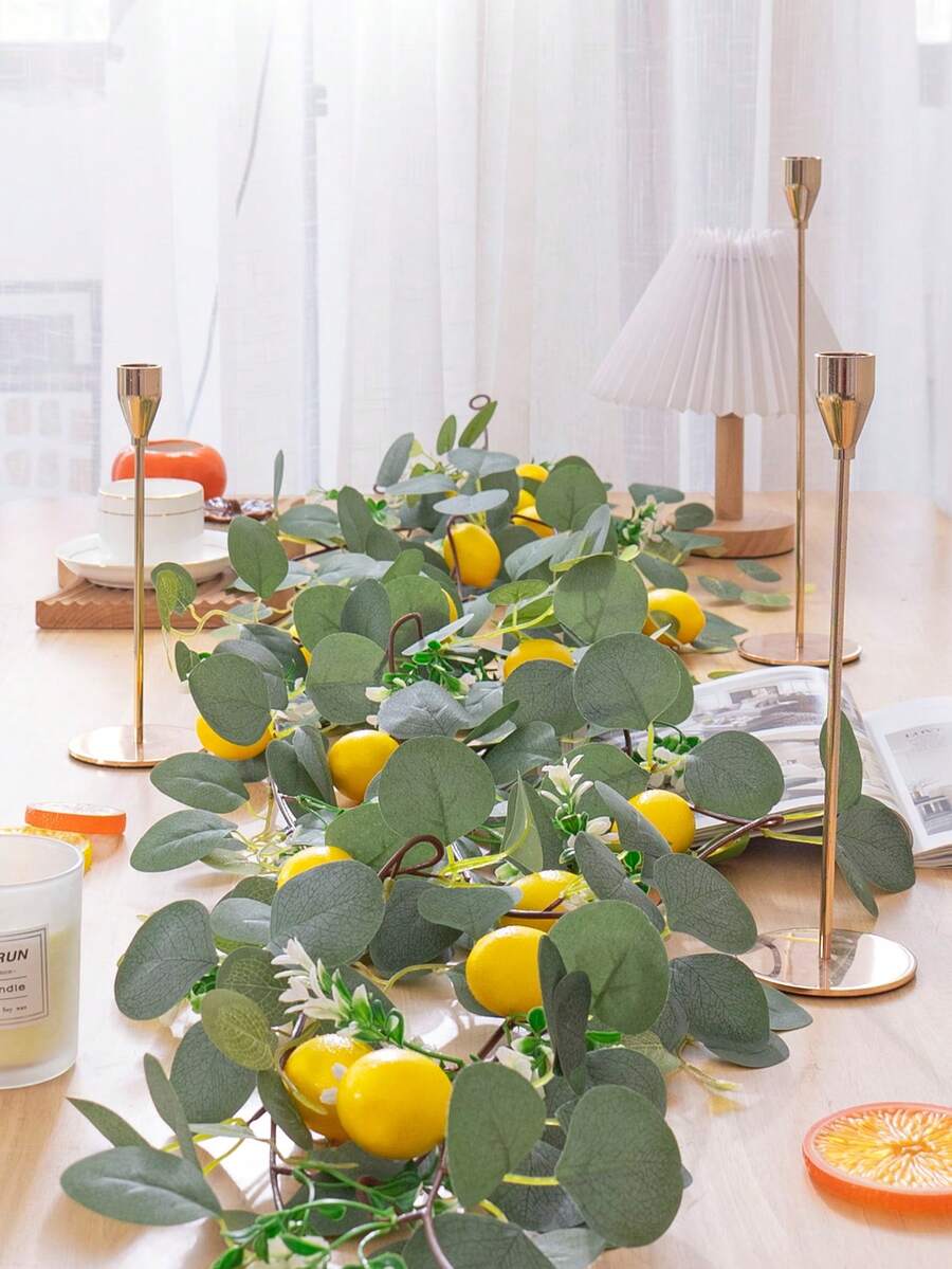 1 pieza/2 piezas Corona de vid de limón artificial realista - Una planta artificial con limones amarillos y hojas de eucalipto verdes, decoración colgante multifuncional de plástico DIY, simulación de vid de limón, decoración de otoño para el hogar, flor artificial, adecuada para jardín exterior, patio, cocina, decoración central de la mesa del comedor | Navidad, Acción de Gracias, Halloween