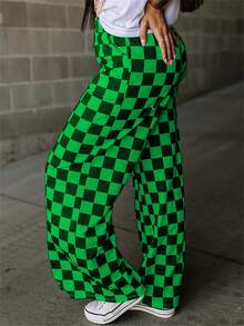 Women Checkered Pants Elastic Waist Loose Wide Leg Checkerboard Pants Y2K Gingham Trousers Lounge Streetwear - 綠色 - 查看 4