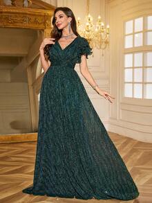 Women V-Neck Ruffle Sleeve Waist Shiny Elegant Party Evening Dress