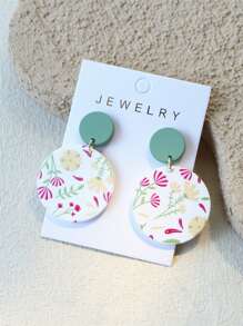1 Pair Women's Elegant Ceramic Textured Small Yellow Flower Print Round Acrylic Earrings