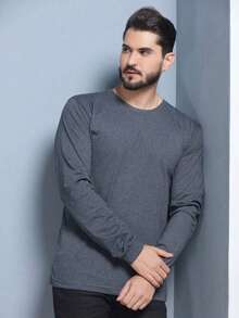 Women's Men's Blouse Plain T-Shirt Unisex Long Sleeve Round Neck 100% Cotton - 深灰色 - 查看 5