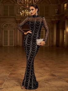 Missord 小高領亮片網紗舞會連衣裙 - 黑色 - 查看 6