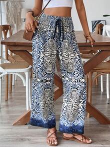 Women's Comfortable Bamboo Knot Print Waist Drawstring Tassel Wide Leg Pants - Multicolor - View 4