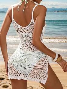 1pc Chic Solid Color Summer Beach Vacation Romantic Sexy Hollow Out Knitted Camisole Dress - White - View 2