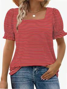 hupos Women's Casual Square Neck Short Sleeved Summer T-Shirt - Sọc đỏ - Xem 1