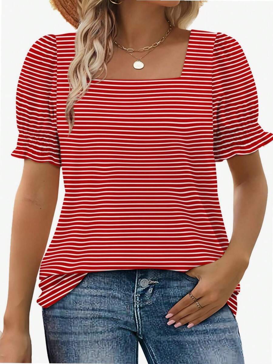 hupos Women's Casual Square Neck Short Sleeved Summer T-Shirt - Sọc đỏ - Xem 1