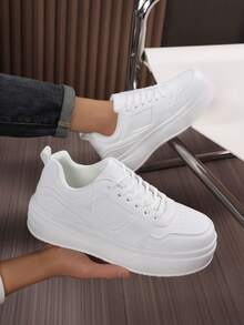 Men's Classic Solid Color Leather Splicing Thick-Sole Shock-Absorbing Flat Non-Slip Sneakers, Outdoor Classic Street Cool Daily Versatile Solid Color Casual Shoes - White - View 7
