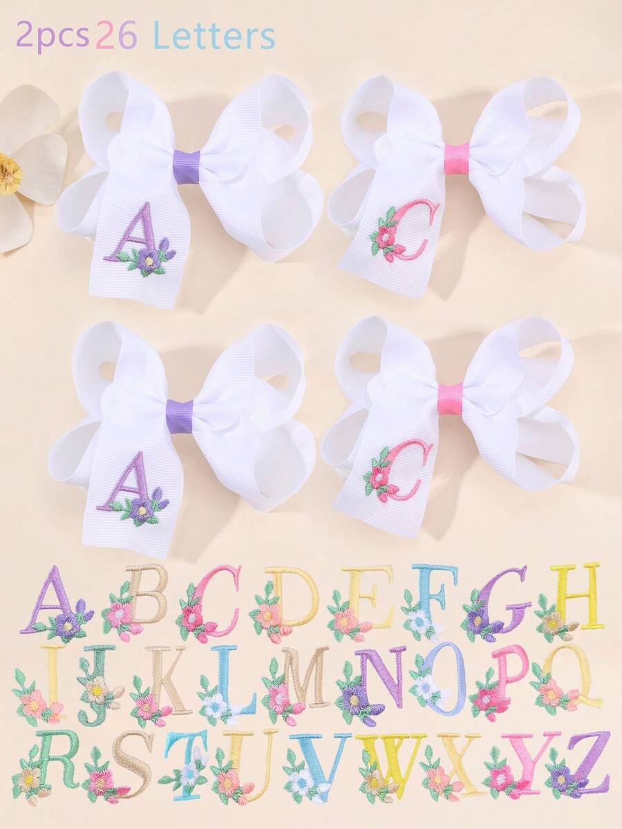 2 piezas Clips para el cabello con bordado floral lindo de 26 letras y lazo, accesorios para el cabello tipo pato para niñas, adecuados para decoración diaria