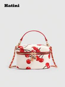 Mini sac bandoulière à chaîne, sac à main en patchwork imprimé, sac boîte mignon à motif cerise, petit sac seau adorable, sac polivalent d'épaule et de messager, convient pour le bureau, les déplacements, les rendez-vous, les courses, les vacances, la plage, les festivals de musique, les fêtes