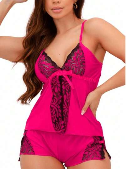 Pijama shortdol c renda   Simples  Sensual    Nó borboleta  Laço Contraste