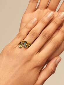 1pc Luxurious Layered Silver-Plated Colorful Crystal Embellished Ring Set, Party Music Festival Birthday Gift For Women