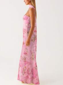 Womens Floral Strapless Dress Y2k Backless Sleeveless Tube Maxi Long Dresses Sexy Mesh Bodycon Summer Beachwear - 粉色 - 查看 4