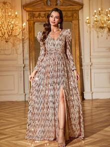 UNITHORSE Vestido de festa elegante e luxuoso, roupa escolar, decote em V, manga comprida, franzido, bainha larga, fenda alta